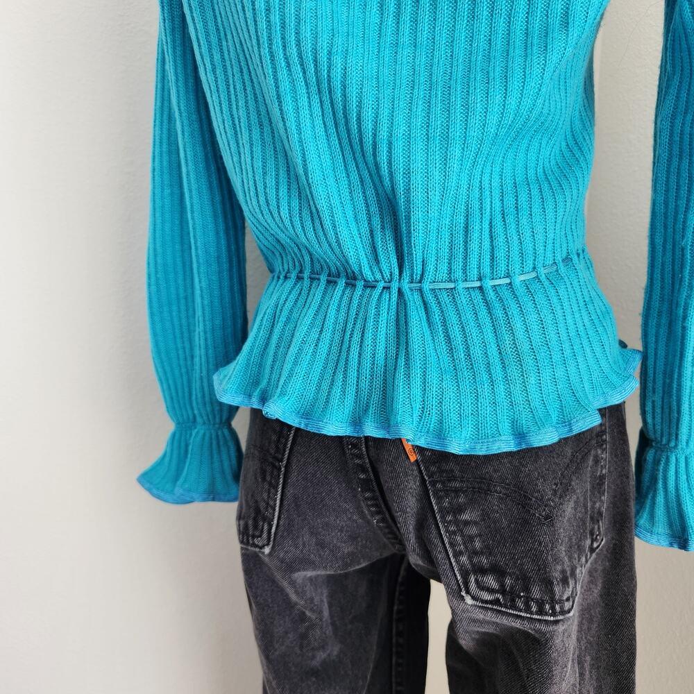 Vintage 70s Blue Teal Knit Ruffle Wrap Cardigan Tie Waist Top S Kentelle - Picture 10 of 16